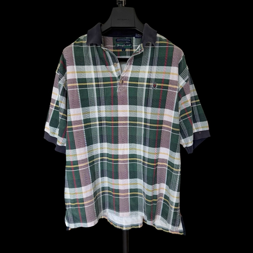 90's Siegfried Green Plaid Golf Polo Shirt Short Sleeve Cotton Large